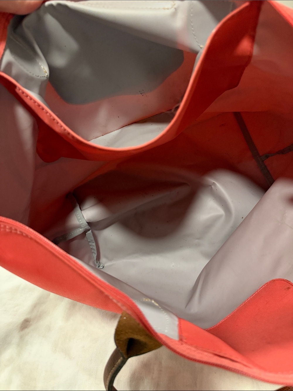 Longchamp Nylon Tote in Coral with Brown Trim - Picture 11 of 12